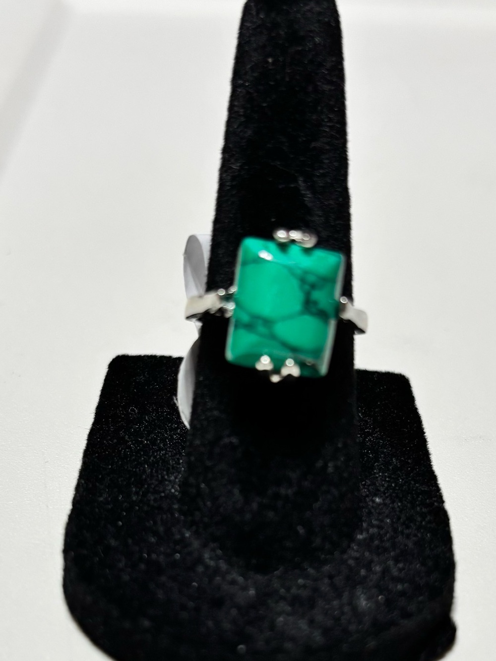 Green Turquoise Rectangle Ring with Silvery Band Size 6
